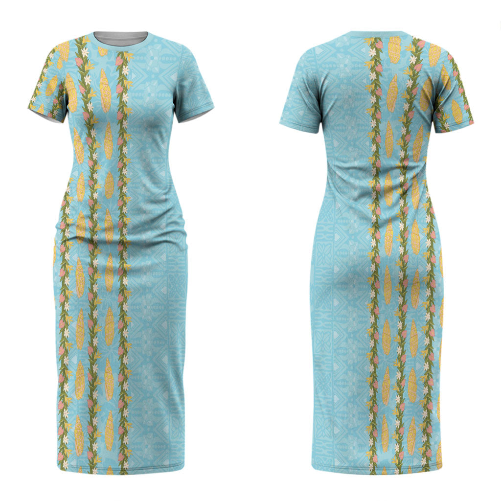 Hawaii Shell Tiare Anthurium Heliconia Lei Couples Matching Short Sleeve Bodycon Dress and Hawaiian Shirt With Tapa Pattern Baby Blue LT05 - Polynesian Pride