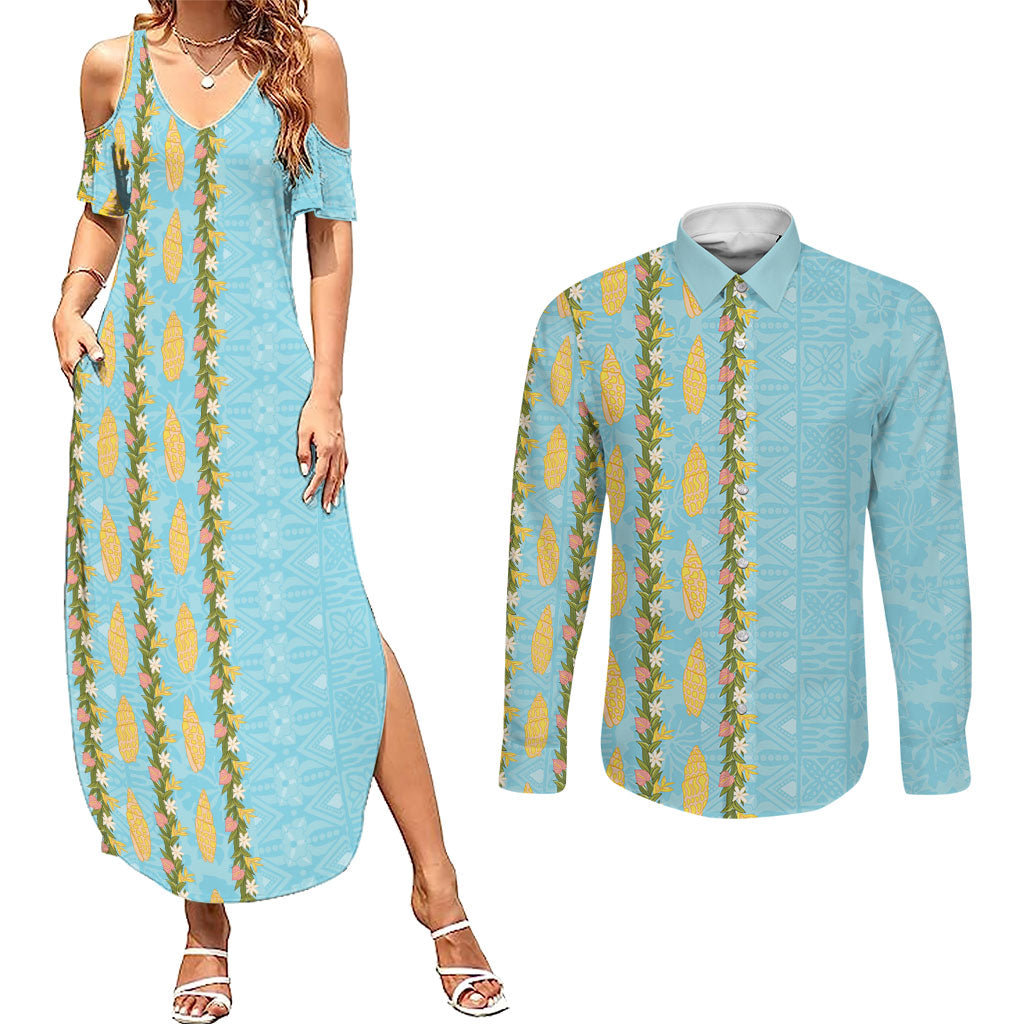 Hawaii Shell Tiare Anthurium Heliconia Lei Couples Matching Summer Maxi Dress and Long Sleeve Button Shirt With Tapa Pattern Baby Blue LT05 Blue - Polynesian Pride