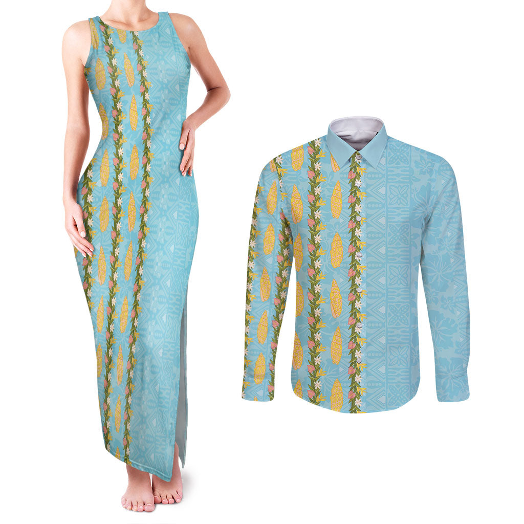 Hawaii Shell Tiare Anthurium Heliconia Lei Couples Matching Tank Maxi Dress and Long Sleeve Button Shirt With Tapa Pattern Baby Blue LT05 Blue - Polynesian Pride