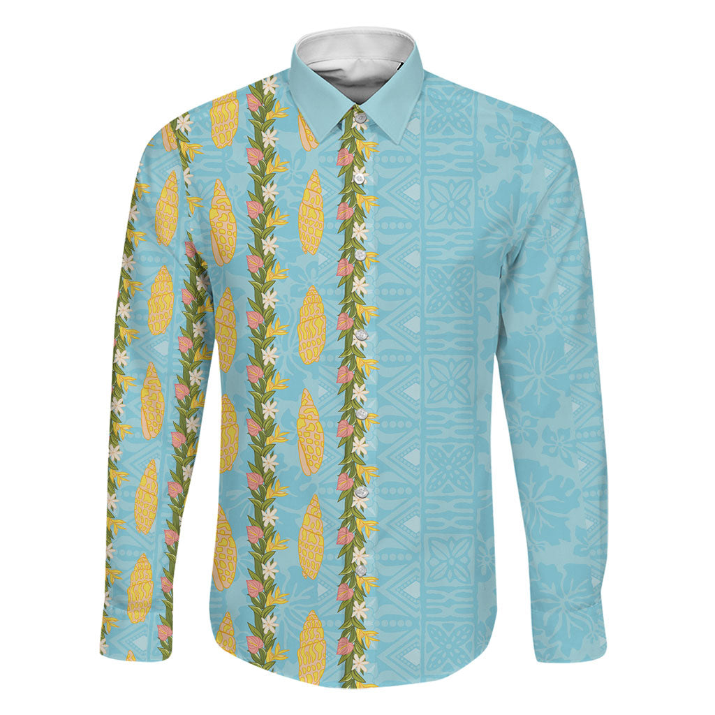 Hawaii Shell Tiare Anthurium Heliconia Lei Family Matching Long Sleeve Bodycon Dress and Hawaiian Shirt With Tapa Pattern Baby Blue