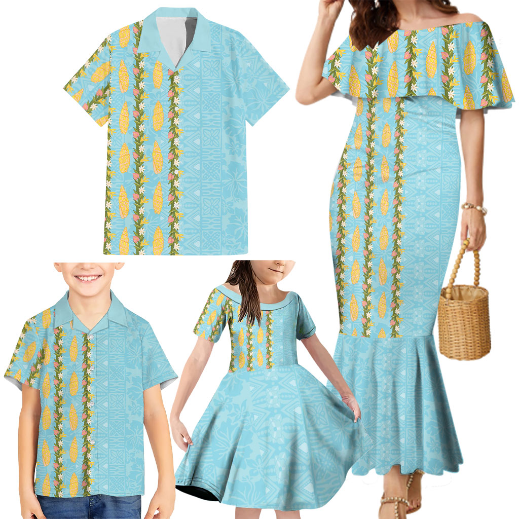 Hawaii Shell Tiare Anthurium Heliconia Lei Family Matching Mermaid Dress and Hawaiian Shirt With Tapa Pattern Baby Blue LT05 - Polynesian Pride