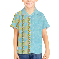 Hawaii Shell Tiare Anthurium Heliconia Lei Family Matching Off The Shoulder Long Sleeve Dress and Hawaiian Shirt With Tapa Pattern Baby Blue