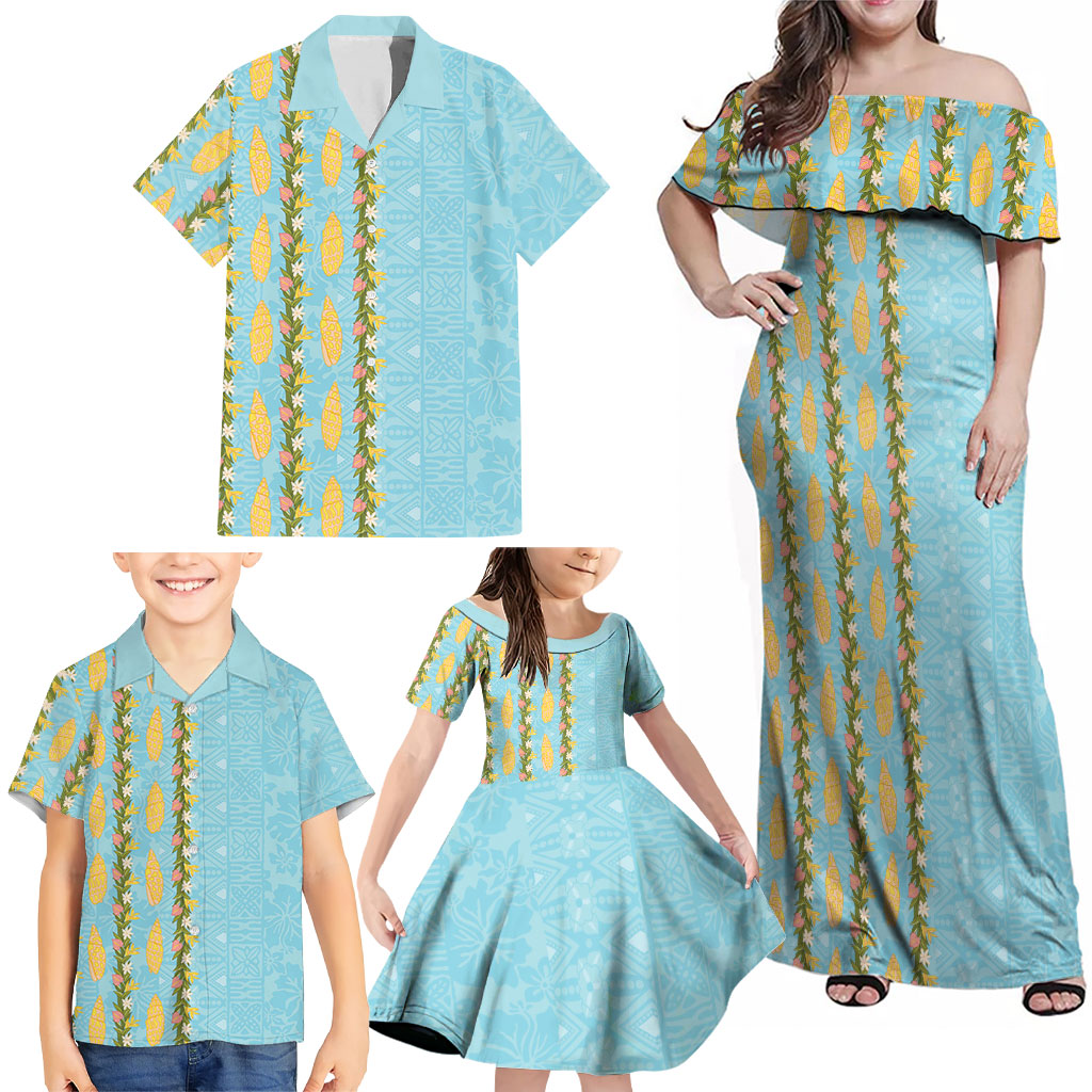 Hawaii Shell Tiare Anthurium Heliconia Lei Family Matching Off Shoulder Maxi Dress and Hawaiian Shirt With Tapa Pattern Baby Blue LT05 - Polynesian Pride