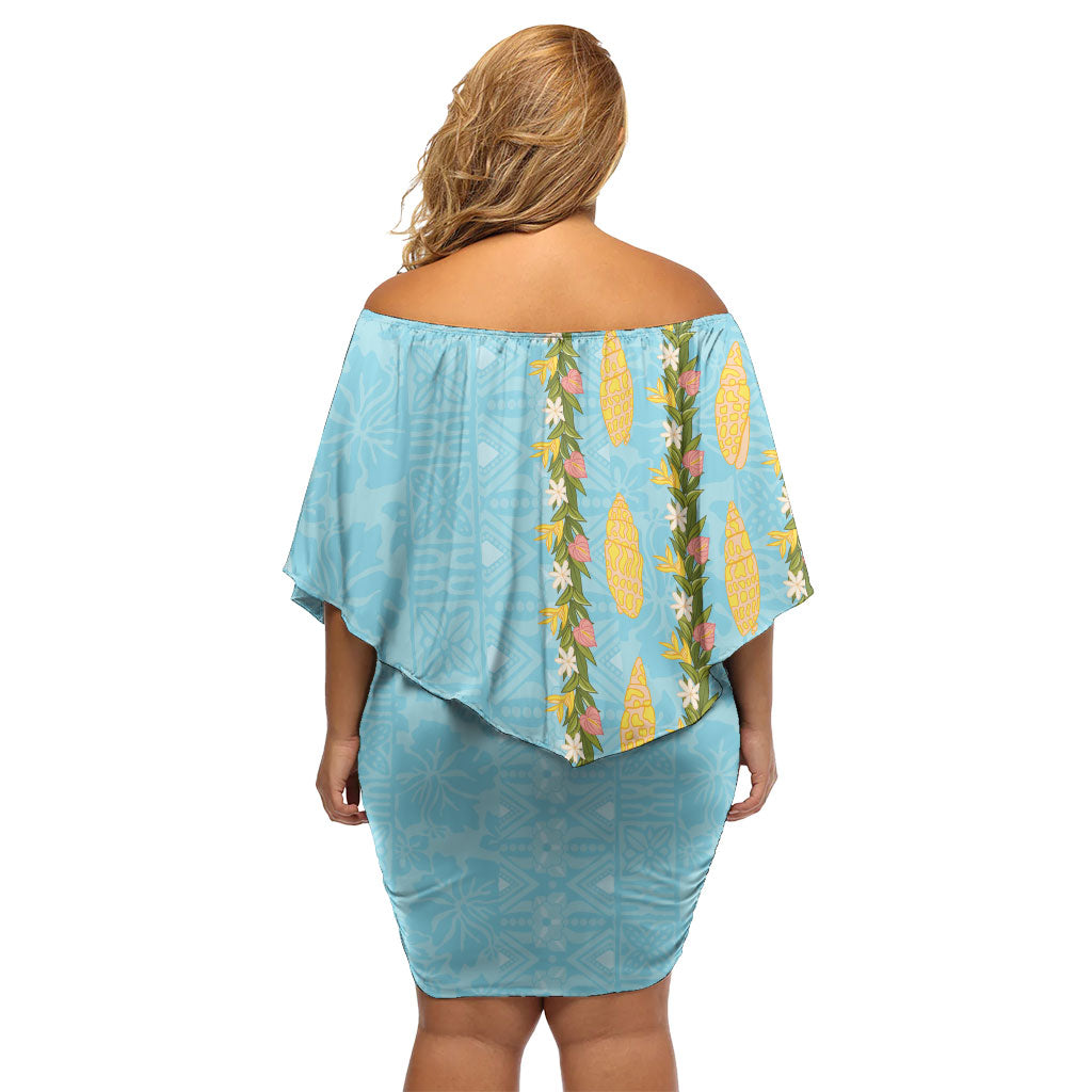 Hawaii Shell Tiare Anthurium Heliconia Lei Family Matching Off Shoulder Short Dress and Hawaiian Shirt With Tapa Pattern Baby Blue
