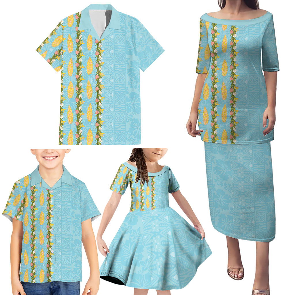 Hawaii Shell Tiare Anthurium Heliconia Lei Family Matching Puletasi and Hawaiian Shirt With Tapa Pattern Baby Blue
