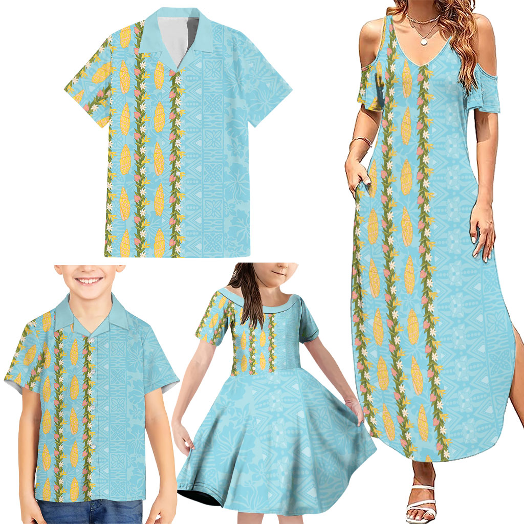 Hawaii Shell Tiare Anthurium Heliconia Lei Family Matching Summer Maxi Dress and Hawaiian Shirt With Tapa Pattern Baby Blue LT05 - Polynesian Pride