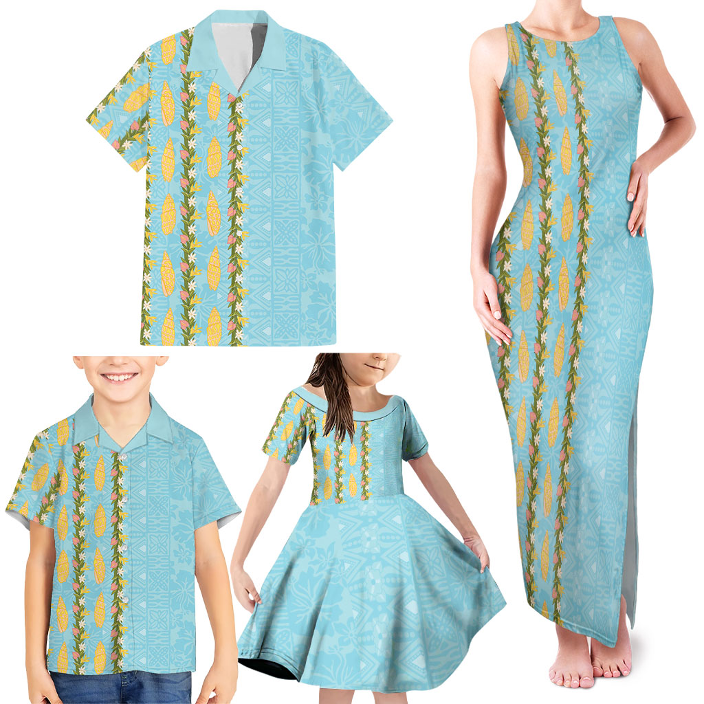 Hawaii Shell Tiare Anthurium Heliconia Lei Family Matching Tank Maxi Dress and Hawaiian Shirt With Tapa Pattern Baby Blue LT05 - Polynesian Pride