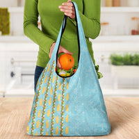 Hawaii Shell Tiare Anthurium Heliconia Lei Grocery Bag With Tapa Pattern Baby Blue