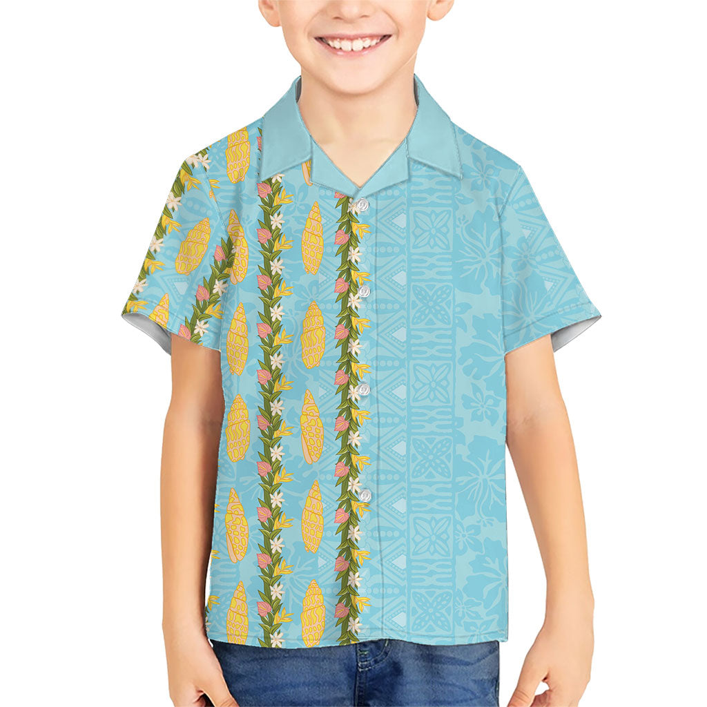 Hawaii Shell Tiare Anthurium Heliconia Lei Kid Hawaiian Shirt With Tapa Pattern Baby Blue