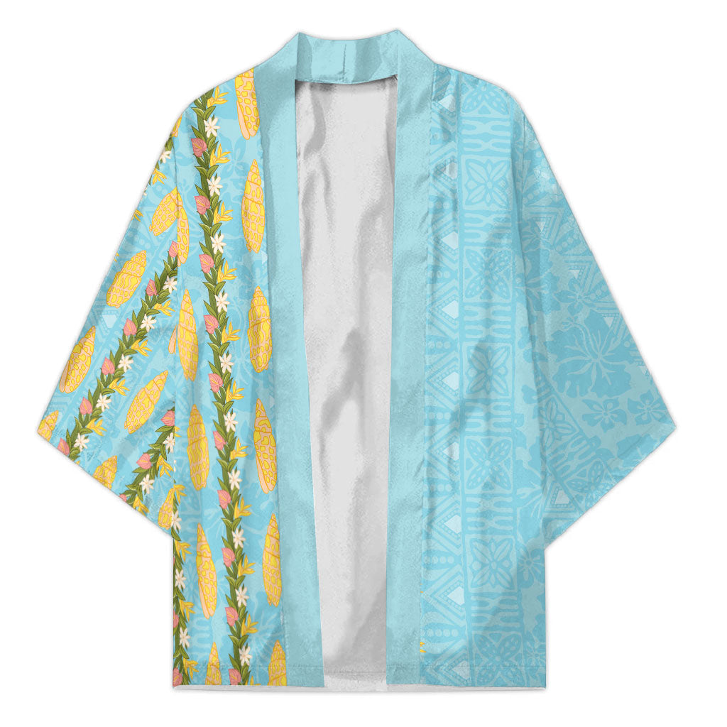 Hawaii Shell Tiare Anthurium Heliconia Lei Kimono With Tapa Pattern Baby Blue