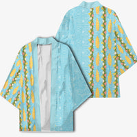 Hawaii Shell Tiare Anthurium Heliconia Lei Kimono With Tapa Pattern Baby Blue