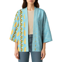 Hawaii Shell Tiare Anthurium Heliconia Lei Kimono With Tapa Pattern Baby Blue