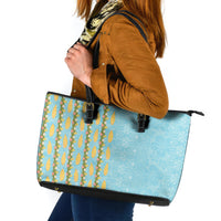 Hawaii Shell Tiare Anthurium Heliconia Lei Leather Tote Bag With Tapa Pattern Baby Blue