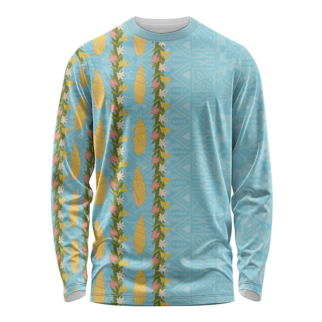 Hawaii Shell Tiare Anthurium Heliconia Lei Long Sleeve Shirt With Tapa Pattern Baby Blue LT05 Unisex Blue - Polynesian Pride