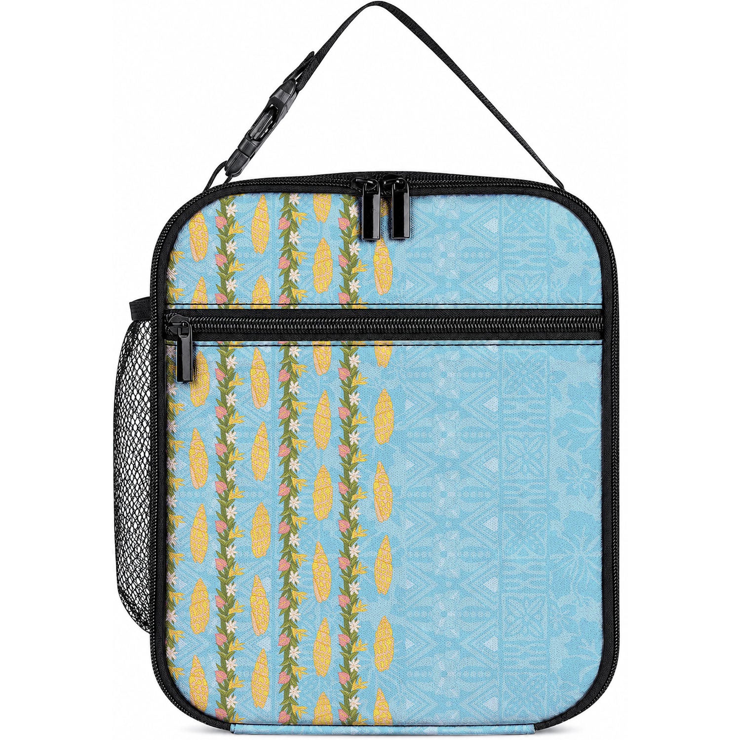 Hawaii Shell Tiare Anthurium Heliconia Lei Lunch Bag With Tapa Pattern Baby Blue LT05 10.2 × 8.3 × 4.3 inch Blue - Polynesian Pride