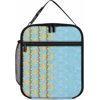 Hawaii Shell Tiare Anthurium Heliconia Lei Lunch Bag With Tapa Pattern Baby Blue LT05 10.2 × 8.3 × 4.3 inch Blue - Polynesian Pride