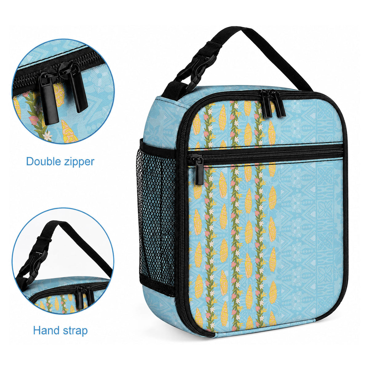 Hawaii Shell Tiare Anthurium Heliconia Lei Lunch Bag With Tapa Pattern Baby Blue LT05 - Polynesian Pride