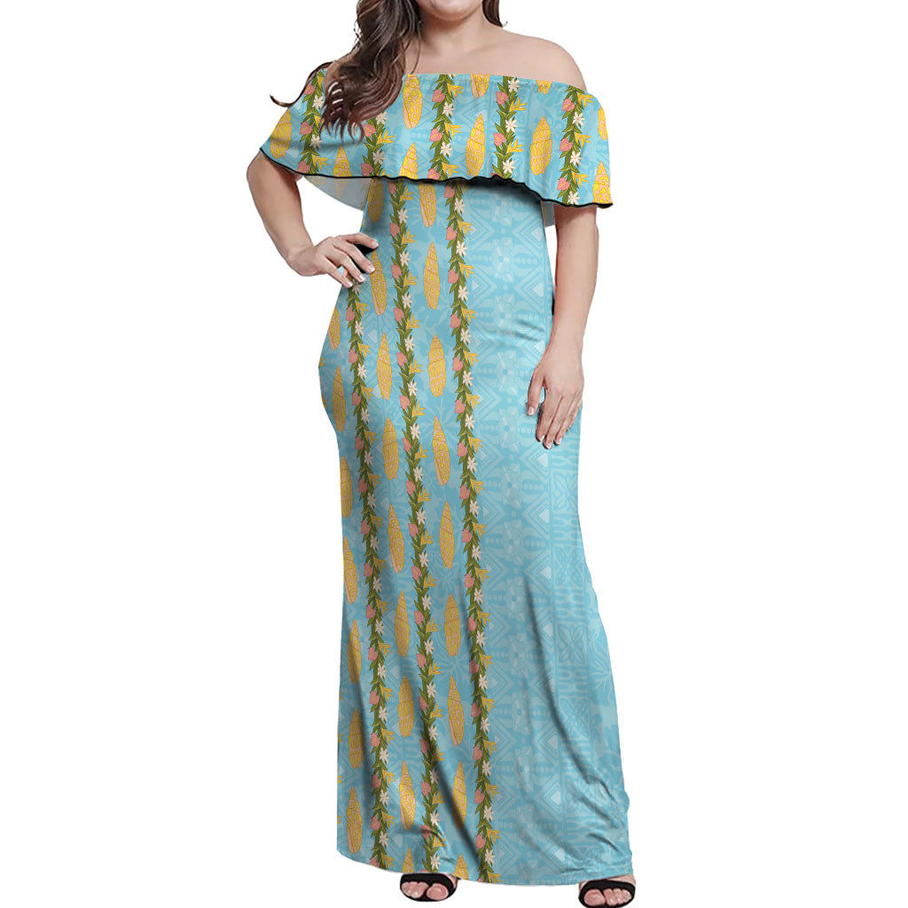 Hawaii Shell Tiare Anthurium Heliconia Lei Off Shoulder Maxi Dress With Tapa Pattern Baby Blue LT05 Women Blue - Polynesian Pride