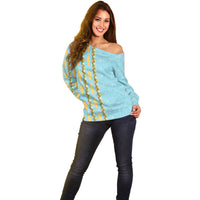 Hawaii Shell Tiare Anthurium Heliconia Lei Off Shoulder Sweater With Tapa Pattern Baby Blue