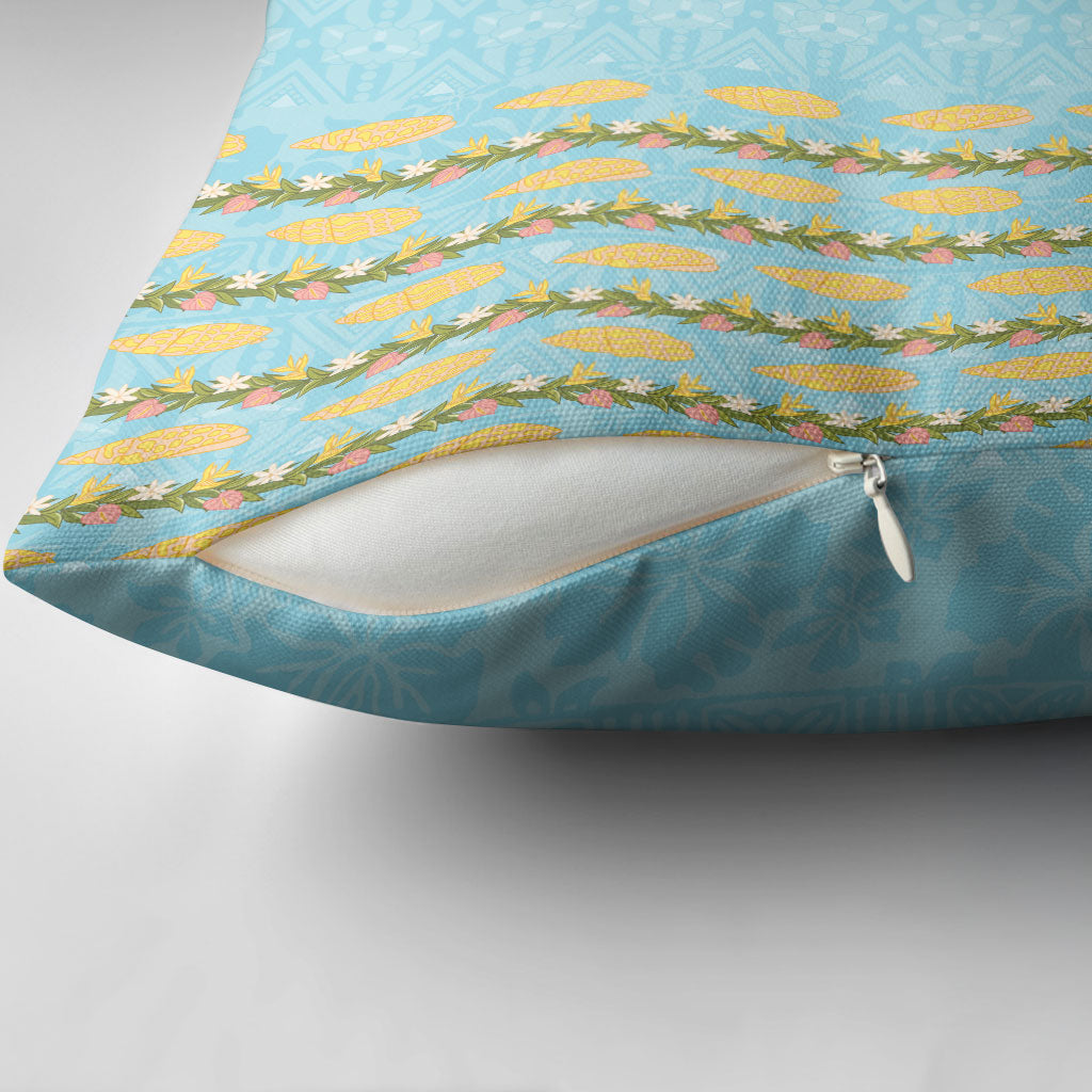 Hawaii Shell Tiare Anthurium Heliconia Lei Pillow Cover With Tapa Pattern Baby Blue