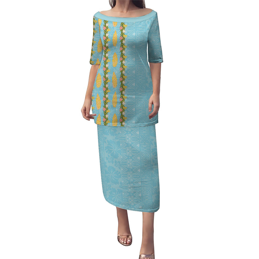 Hawaii Shell Tiare Anthurium Heliconia Lei Puletasi With Tapa Pattern Baby Blue LT05 Long Dress Blue - Polynesian Pride