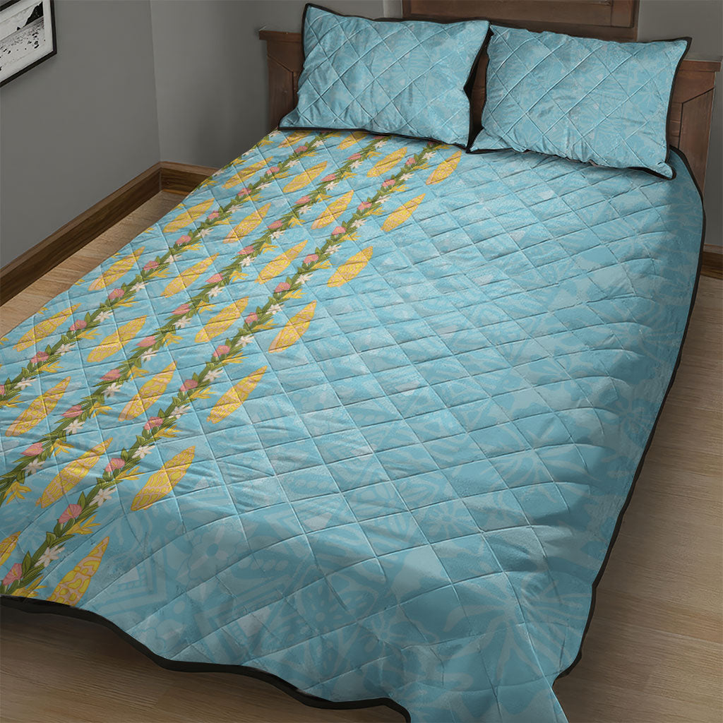 Hawaii Shell Tiare Anthurium Heliconia Lei Quilt Bed Set With Tapa Pattern Baby Blue