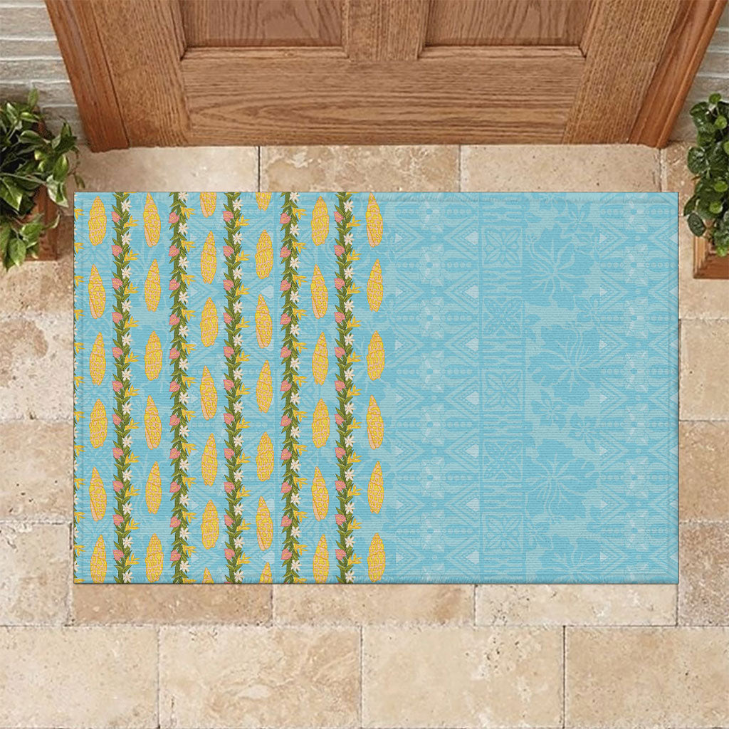 Hawaii Shell Tiare Anthurium Heliconia Lei Rubber Doormat With Tapa Pattern Baby Blue LT05 Blue - Polynesian Pride