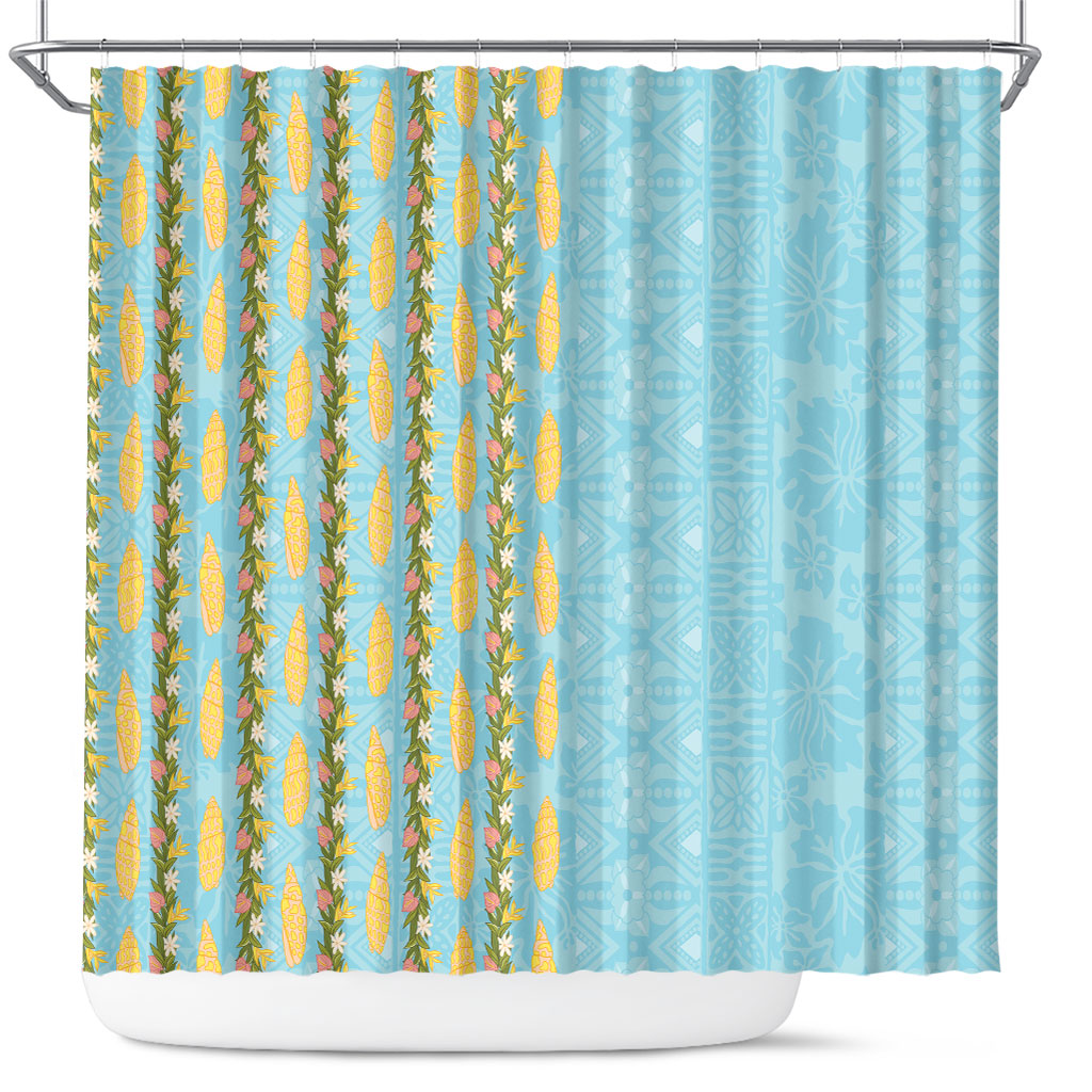 Hawaii Shell Tiare Anthurium Heliconia Lei Shower Curtain With Tapa Pattern Baby Blue LT05 Blue - Polynesian Pride