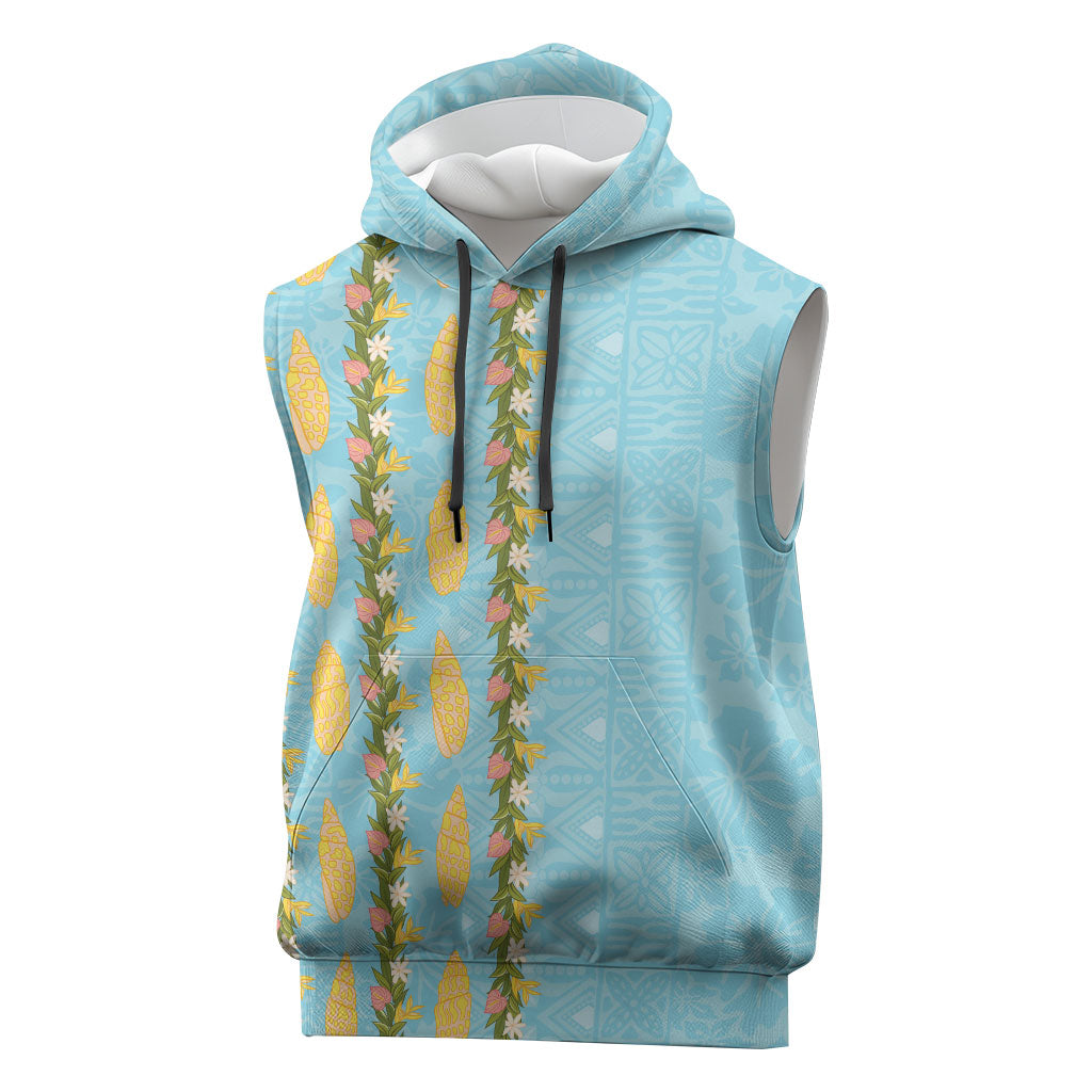 Hawaii Shell Tiare Anthurium Heliconia Lei Sleeveless Hoodie With Tapa Pattern Baby Blue LT05 Blue - Polynesian Pride