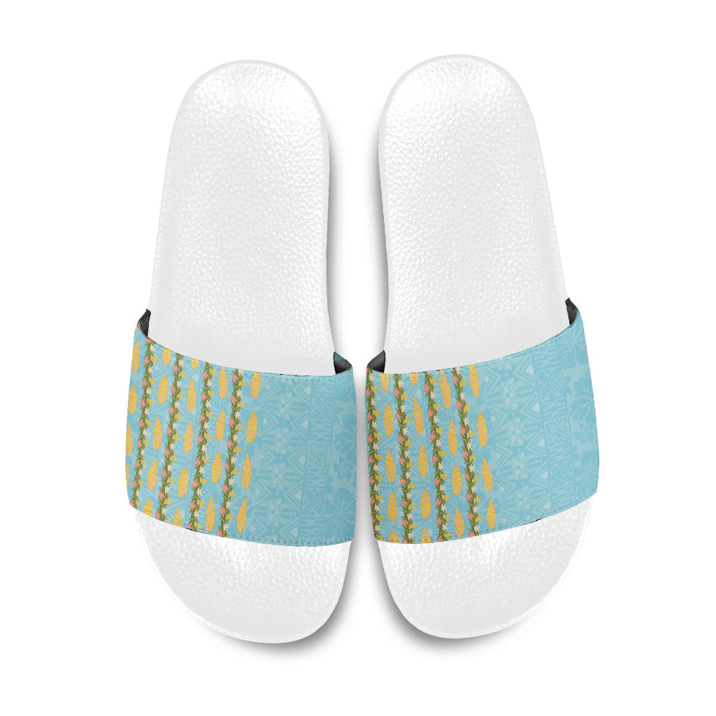 Hawaii Shell Tiare Anthurium Heliconia Lei Slide Sandals With Tapa Pattern Baby Blue