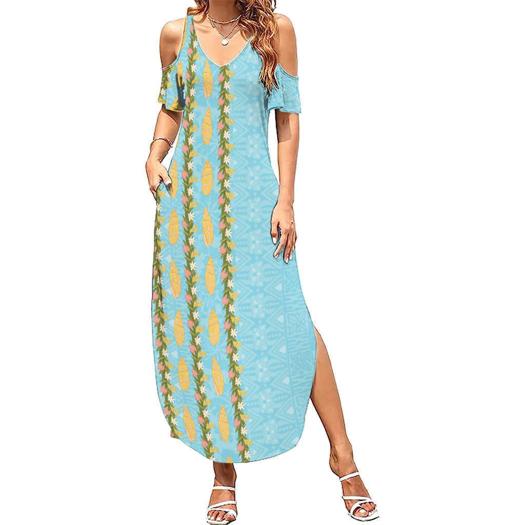 Hawaii Shell Tiare Anthurium Heliconia Lei Summer Maxi Dress With Tapa Pattern Baby Blue LT05 Women Blue - Polynesian Pride