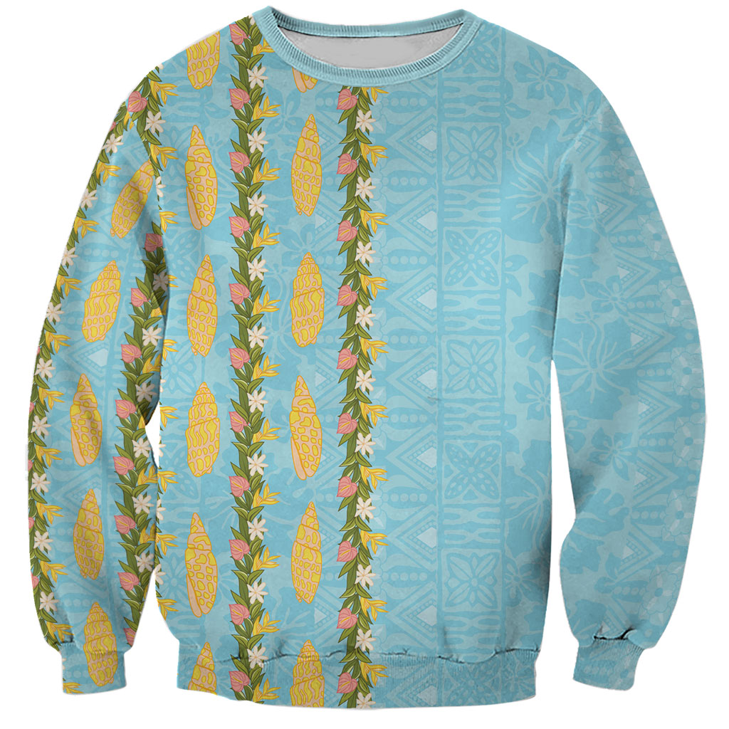 Hawaii Shell Tiare Anthurium Heliconia Lei Sweatshirt With Tapa Pattern Baby Blue