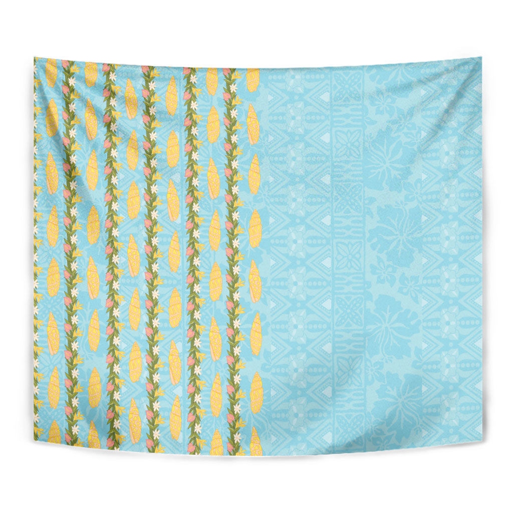 Hawaii Shell Tiare Anthurium Heliconia Lei Tapestry With Tapa Pattern Baby Blue