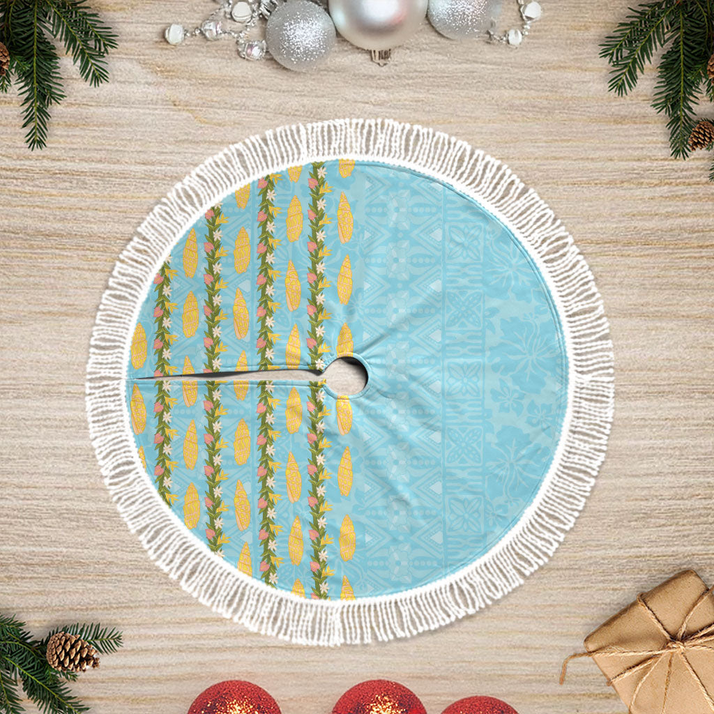 Hawaii Shell Tiare Anthurium Heliconia Lei Tree Skirt With Tapa Pattern Baby Blue LT05 Fringed Blue - Polynesian Pride