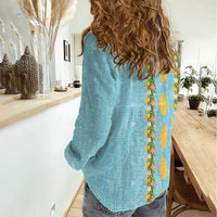 Hawaii Shell Tiare Anthurium Heliconia Lei Women Casual Shirt With Tapa Pattern Baby Blue