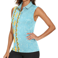 Hawaii Shell Tiare Anthurium Heliconia Lei Women Sleeveless Polo Shirt With Tapa Pattern Baby Blue