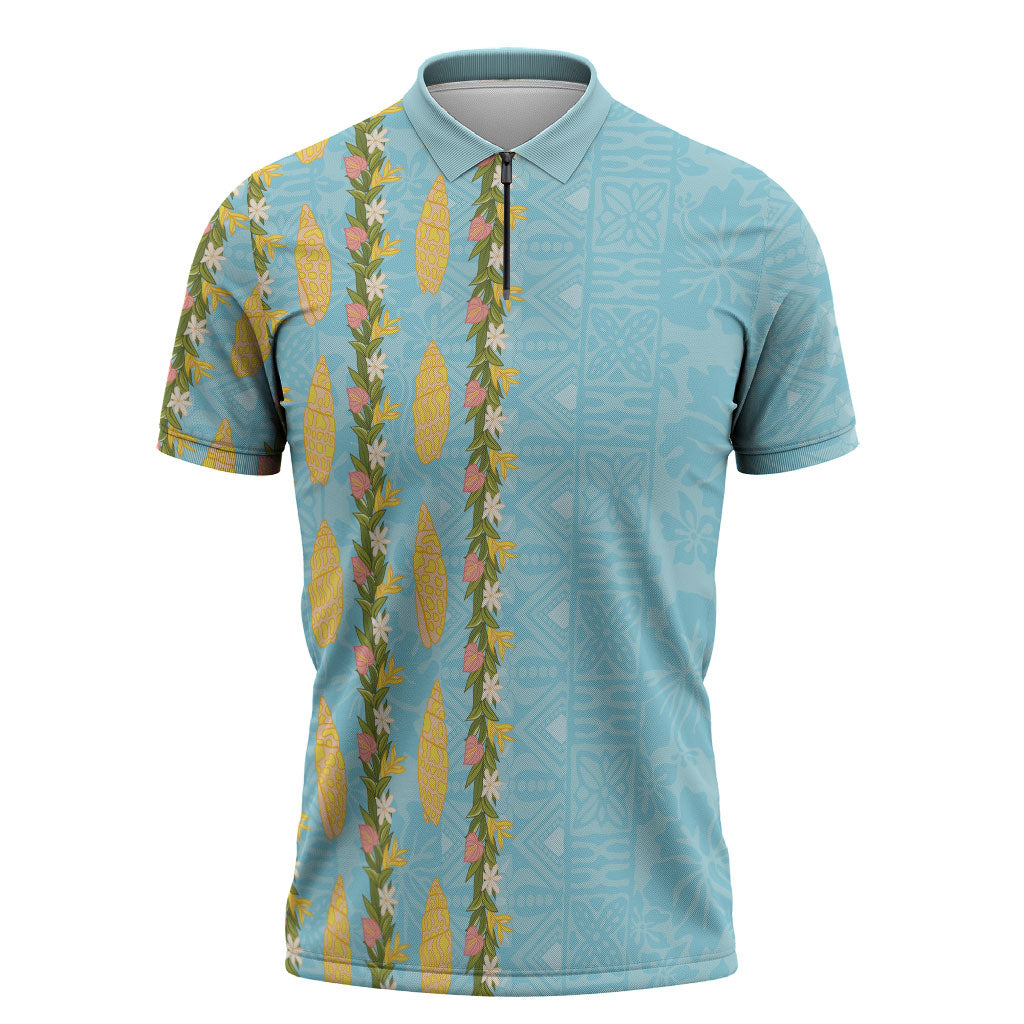 Hawaii Shell Tiare Anthurium Heliconia Lei Zipper Polo Shirt With Tapa Pattern Baby Blue LT05 Blue - Polynesian Pride