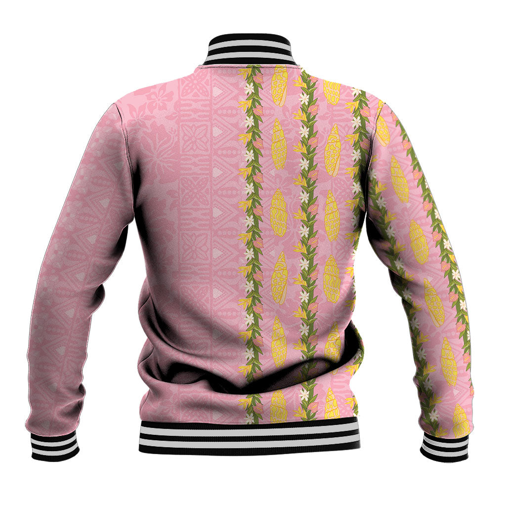 Hawaii Shell Tiare Anthurium Heliconia Lei Baseball Jacket With Tapa Pattern Baby Pink