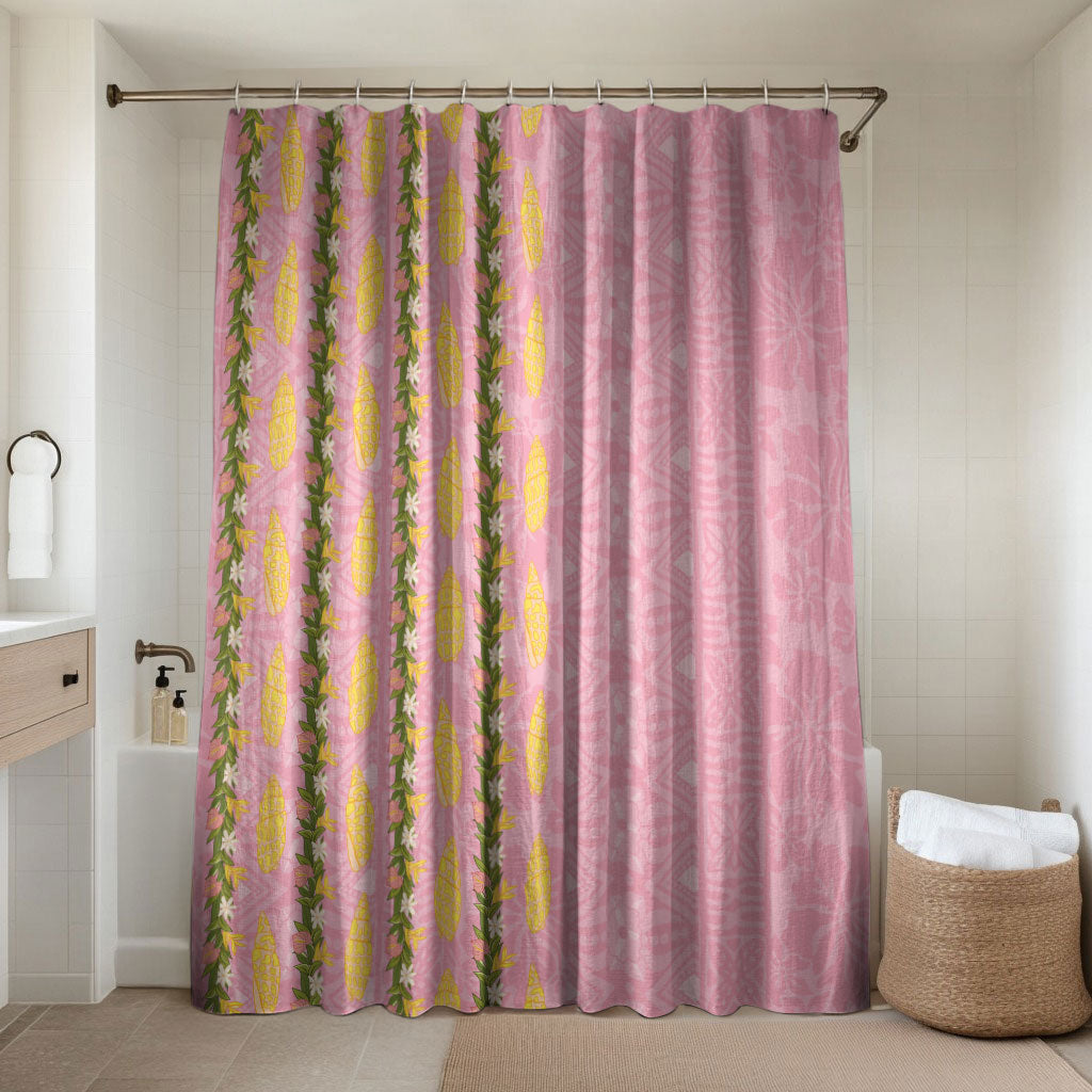 Hawaii Shell Tiare Anthurium Heliconia Lei Bathroom Set With Tapa Pattern Baby Pink