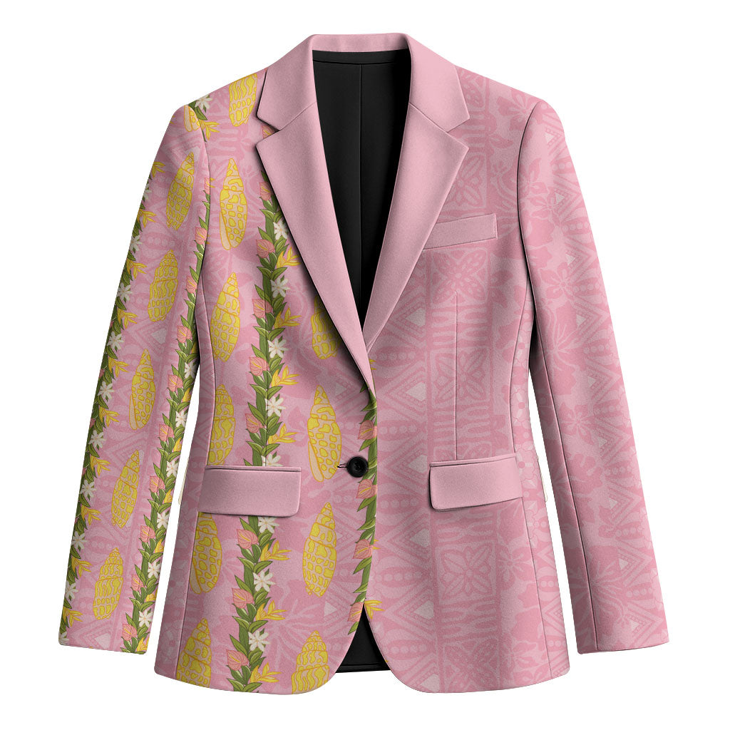 Hawaii Shell Tiare Anthurium Heliconia Lei Blazer With Tapa Pattern Baby Pink