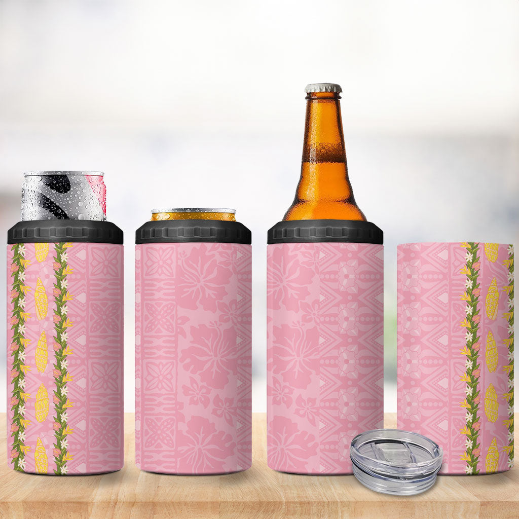 Hawaii Shell Tiare Anthurium Heliconia Lei 4 in 1 Can Cooler Tumbler With Tapa Pattern Baby Pink