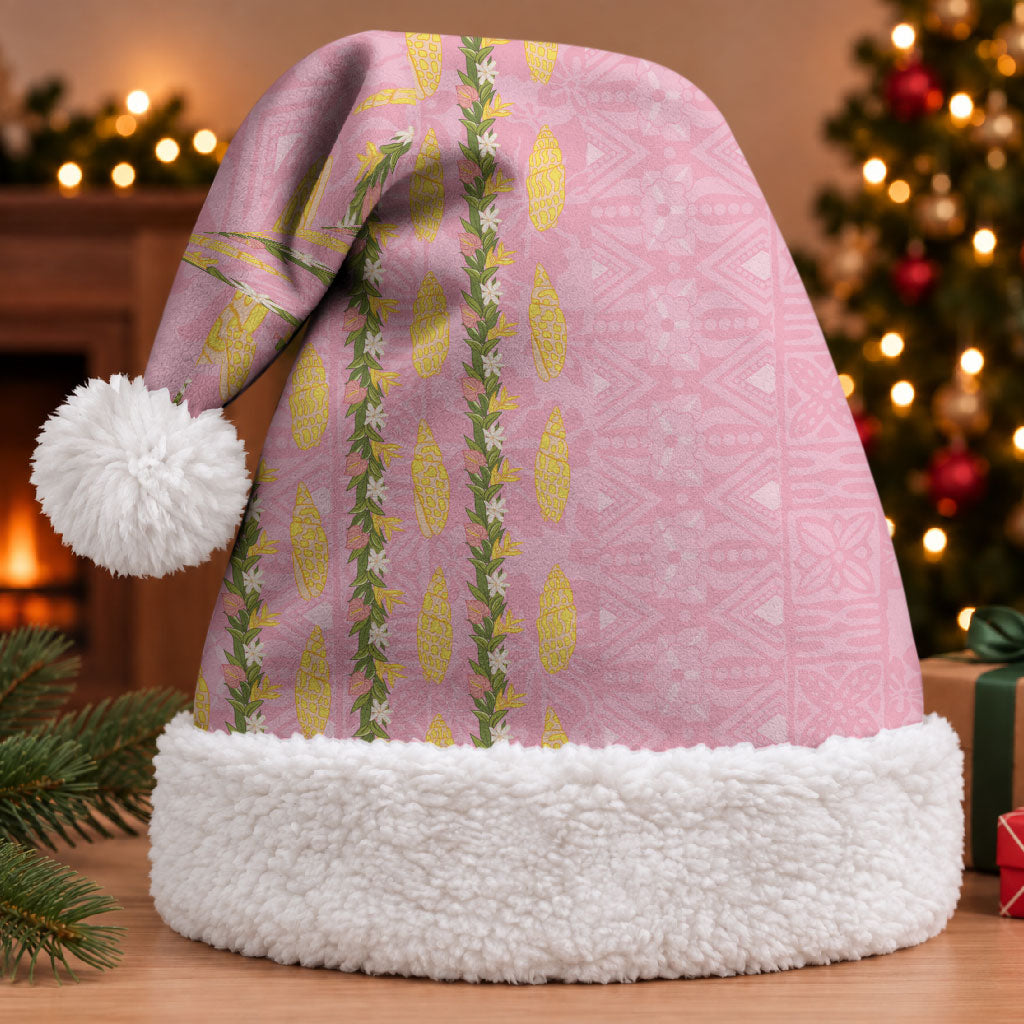 Hawaii Shell Tiare Anthurium Heliconia Lei Christmas Santa Hat With Tapa Pattern Baby Pink LT05 With Fur Pink - Polynesian Pride