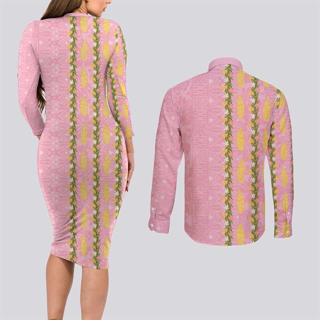 Hawaii Shell Tiare Anthurium Heliconia Lei Couples Matching Long Sleeve Bodycon Dress and Long Sleeve Button Shirt With Tapa Pattern Baby Pink