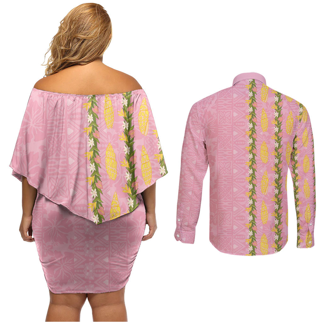 Hawaii Shell Tiare Anthurium Heliconia Lei Couples Matching Off Shoulder Short Dress and Long Sleeve Button Shirt With Tapa Pattern Baby Pink