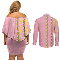 Hawaii Shell Tiare Anthurium Heliconia Lei Couples Matching Off Shoulder Short Dress and Long Sleeve Button Shirt With Tapa Pattern Baby Pink