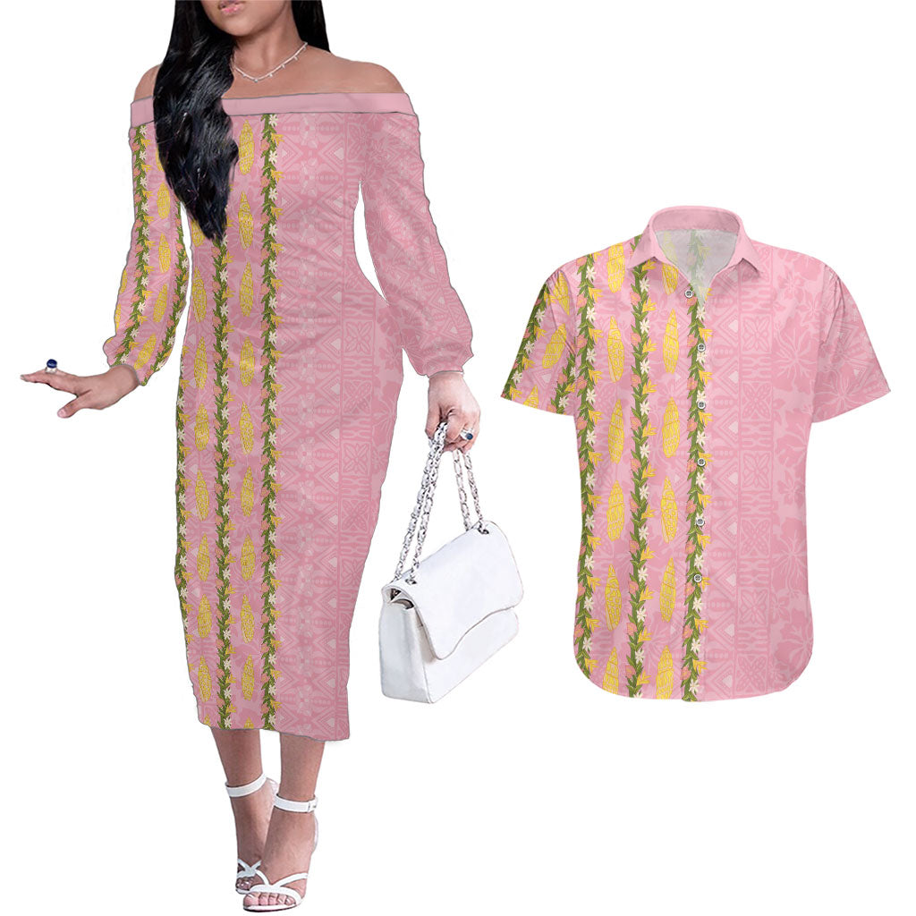 Hawaii Shell Tiare Anthurium Heliconia Lei Couples Matching Off The Shoulder Long Sleeve Dress and Hawaiian Shirt With Tapa Pattern Baby Pink