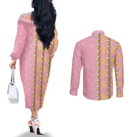Hawaii Shell Tiare Anthurium Heliconia Lei Couples Matching Off The Shoulder Long Sleeve Dress and Long Sleeve Button Shirt With Tapa Pattern Baby Pink