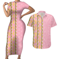 Hawaii Shell Tiare Anthurium Heliconia Lei Couples Matching Short Sleeve Bodycon Dress and Hawaiian Shirt With Tapa Pattern Baby Pink