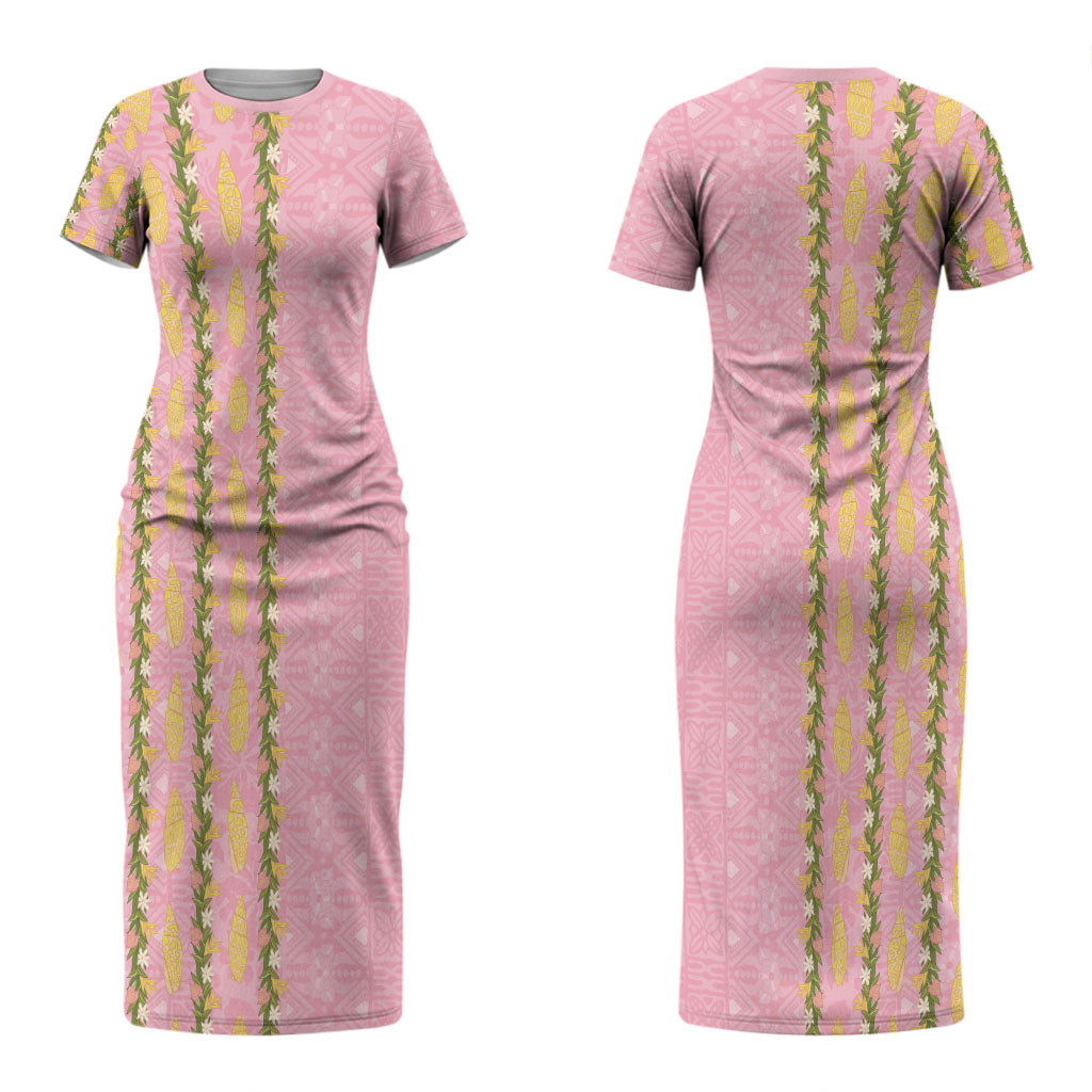 Hawaii Shell Tiare Anthurium Heliconia Lei Couples Matching Short Sleeve Bodycon Dress and Hawaiian Shirt With Tapa Pattern Baby Pink LT05 - Polynesian Pride