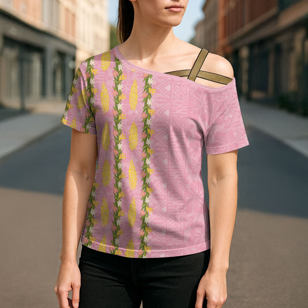 Hawaii Shell Tiare Anthurium Heliconia Lei Cross Shoulder Shirt With Tapa Pattern Baby Pink